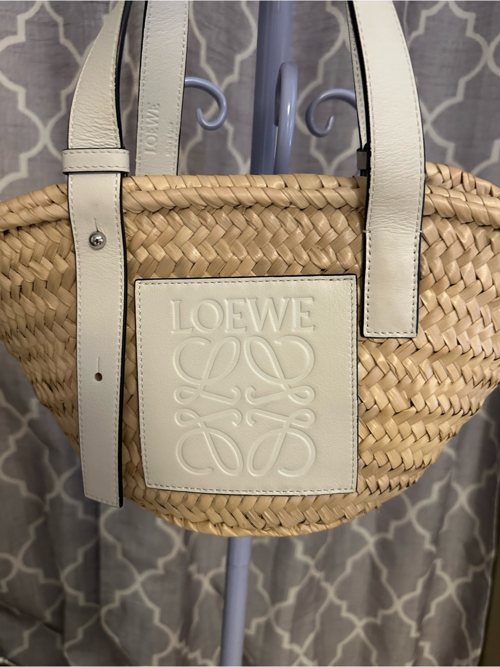 Loewe Natural Woven Basket Tote with White Leather Trim